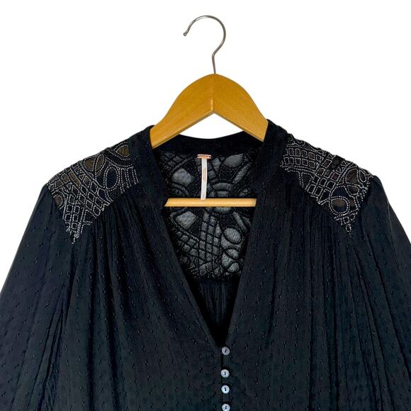 Free People Women's Canyon Rose Button Down Top Size S Black Boho Embroidered - Picture 3 of 10